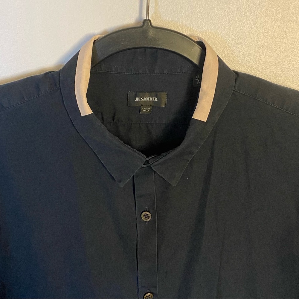 Jil Sander Vintage Tailor Made mens dress shirt navy with pink trim collar 16